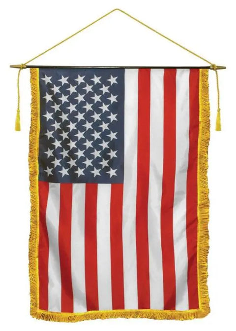 16 Inch X 24 Inch Patriotic Classroom Banner – U.S. Flag Wall Hanging With Gold Fringe | Made in USA Freedom Flag and Pole 