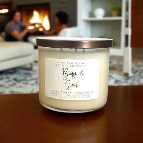 17 oz Hand-Poured Dark Amber Rosewood Soy Candle – 3-Wick Luxury Scent | Made in USA Wick and Glow Candle Company™  Candles