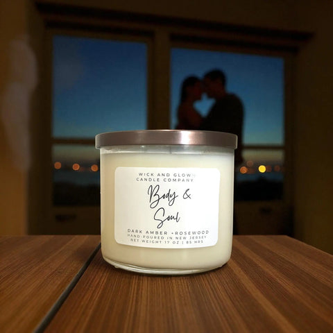 17 oz Hand-Poured Dark Amber Rosewood Soy Candle – 3-Wick Luxury Scent | Made in USA Wick and Glow Candle Company™  Candles