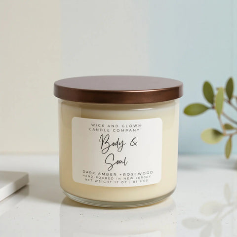 17 oz Hand-Poured Dark Amber Rosewood Soy Candle – 3-Wick Luxury Scent | Made in USA Wick and Glow Candle Company™  Candles