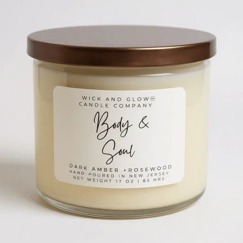 17 oz Hand-Poured Dark Amber Rosewood Soy Candle – 3-Wick Luxury Scent | Made in USA Wick and Glow Candle Company™  Candles
