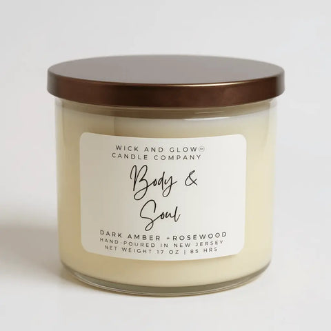 17 oz Hand-Poured Dark Amber Rosewood Soy Candle – 3-Wick Luxury Scent | Made in USA Wick and Glow Candle Company™  Candles