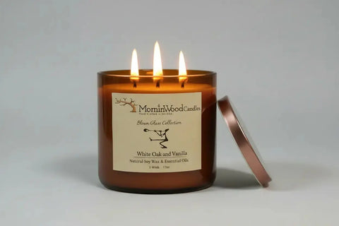 White Oak and Vanilla-Soy 3-Wick Blown Glass Collection MorninWood Candles  3 Wick Candle