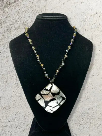 18 Inch Black and Silver Murano Glass Pendant Necklace – Crystal Beaded Chain | Made in USA Gift Jewelry Michelle Marie Boutique  Necklace