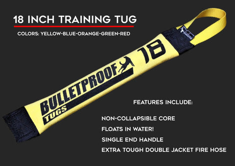 The 18 Training Tug – One Handle Fire Hose Training Tug by Bulletproof Pet Products Inc features a non-collapsible core, floats in water, is extra tough, available in multiple colors, and made in the USA—perfect for durable dog training.