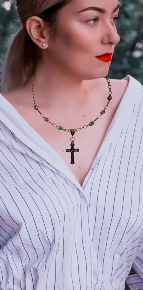 18 Inch Gemstone Linked Chain Cross Necklace – Handcrafted Religious Jewelry | Made in USA Michelle Marie Boutique 