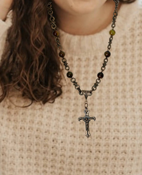 18 Inch Gemstone Linked Chain Cross Necklace – Handcrafted Religious Jewelry | Made in USA Michelle Marie Boutique 