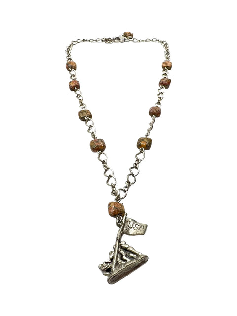 18 Inch Iwo Jima Pendant Necklace With Leopard Jasper Beads – Handmade Silver Chain | Made in USA Michelle Marie Boutique  Necklace