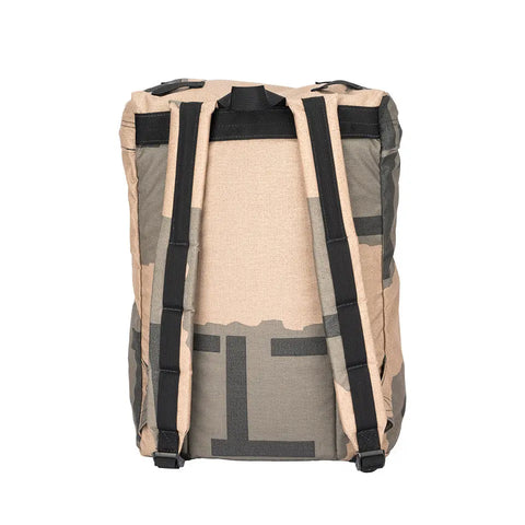 The MIS Backpack - T Pattern in beige and gray features black adjustable straps, a top handle, and a bold black H design. It includes a laptop holder for daily essentials, combining style and functionality.