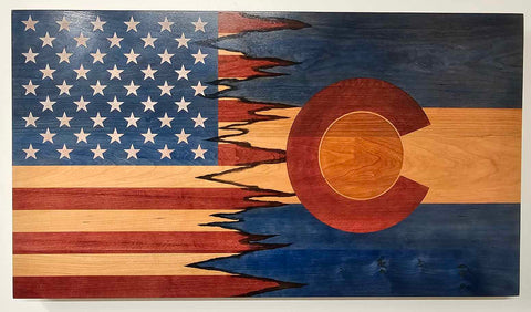 19 Inch Patriotic Cherry Hardwood Flag Wall Art – Colorado and USA Flags Fusion | Made in USA American Grains LLC 