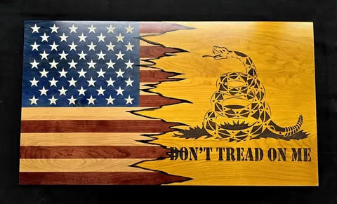 19 Inch x 34 Inch Cherry Hardwood Don’t Tread on Me Flag – Indoor Patriotic Wall Decor | Made in USA American Grains LLC  Custom Wooden Flag