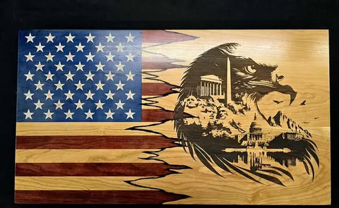 19 Inch x 34 Inch Handcrafted Cherry Hardwood Patriotic Wall Art – American Liberty Eagle Design | Made in USA American Grains LLC  Custom Wooden Flag