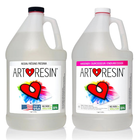 The 2 Gal (7.57 L) ArtResin - Epoxy Resin kit by ArtResin includes Resin and Hardener jugs with heart logos and icons for Made in USA, No VOCs, No BPA, and Non-Yellowing—ensuring a crystal-clear pour every time.