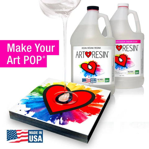A crystal-clear coat of 2 Gal (7.57 L) ArtResin epoxy resin is poured over vibrant, heart-themed art, with ArtResin bottles and a “Made in USA” badge shown. Text: “Make Your Art POP®.”.