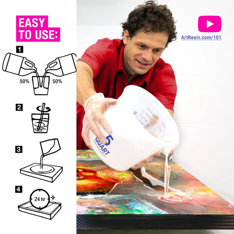 A man in a red shirt pours ArtResin 2 Gal (7.57 L) Epoxy Resin onto colorful art. Illustrated steps on the left show mixing equal parts, stirring, pouring, and curing for 24 hours. Text reads: Easy to use for a crystal-clear finish by ArtResin.