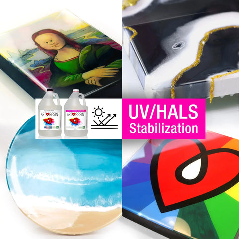 A collage features glossy ArtResin epoxy resin art—Mona Lisa, abstracts, and a beach scene—with “UV/HALS Stabilization” text. 2 Gal (7.57 L) ArtResin kit bottles and a sun icon showcase the brand’s crystal-clear, protected finish.