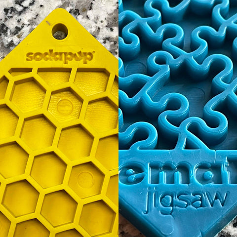 Large Blue Jigsaw And Yellow Honeycomb Dog Lick Mat Bundle – Enrichment Feeder | Made in USA SodaPup  EMAT