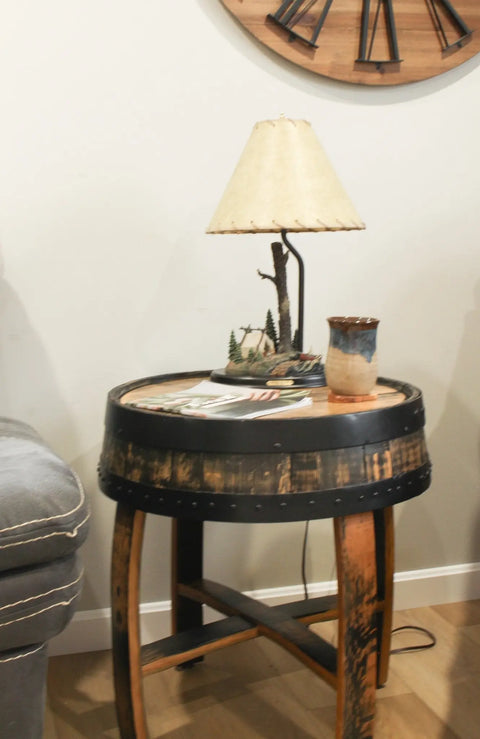 22 Inch Rustic Barrel End Table – Handcrafted Reclaimed Whiskey Barrel Wood | Made in USA Amish Toy Box  End Table