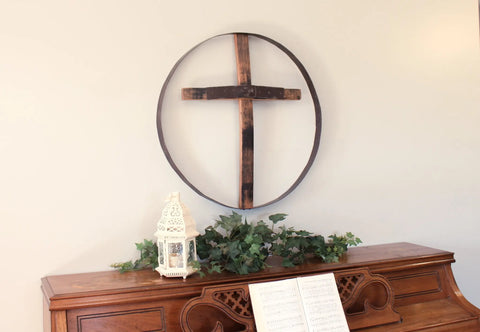 23 Inch Rustic Reclaimed Whiskey Barrel Cross Wall Art – Handmade Religious Decor | Amish Crafted in USA Amish Toy Box  Wall Art