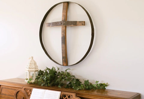 23 Inch Rustic Reclaimed Whiskey Barrel Cross Wall Art – Handmade Religious Decor | Amish Crafted in USA Amish Toy Box  Wall Art