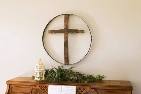 23 Inch Rustic Reclaimed Whiskey Barrel Cross Wall Art – Handmade Religious Decor | Amish Crafted in USA Amish Toy Box  Wall Art