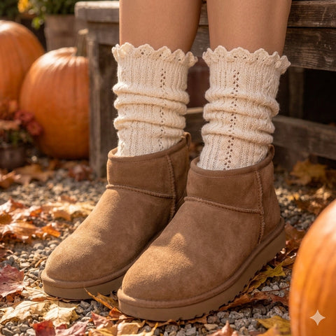 Handcrafted Cable Knit Boot Socks | Natural Beige With Lace Top – Soft Cotton Blend | Made in USA Catherine Cole  socks