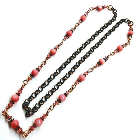 24 Inch Copper Wire Wrapped Necklace Peach Pearl Crystal – Handmade in USA Alexa Martha Designs  Necklace