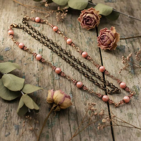 24 Inch Copper Wire Wrapped Necklace Peach Pearl Crystal – Handmade in USA Alexa Martha Designs  Necklace