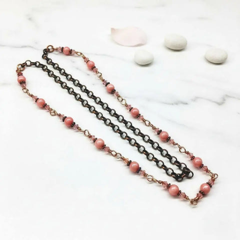 24 Inch Copper Wire Wrapped Necklace Peach Pearl Crystal – Handmade in USA Alexa Martha Designs  Necklace