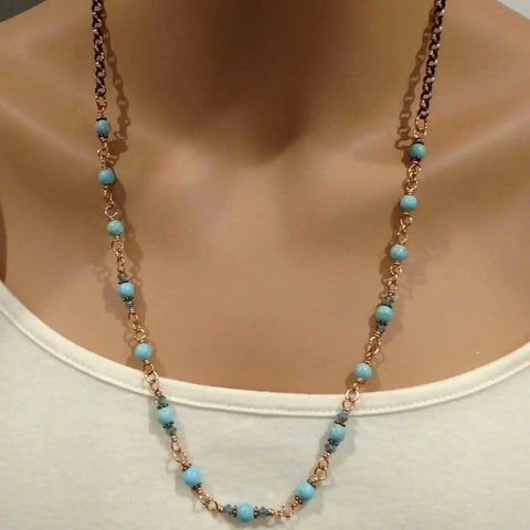 24 Inch Handmade Copper Turquoise Necklace – Wire Wrapped Beaded Chain | Made in USA Alexa Martha Designs  Necklace