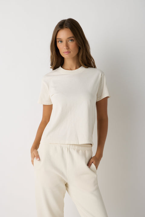 Vintage-Inspired Petite Cropped T-Shirt – Close Fit Daily Essential | Made in USA EcoCycle Cotton US Standard Apparel  SS SIDE SEAM TEE