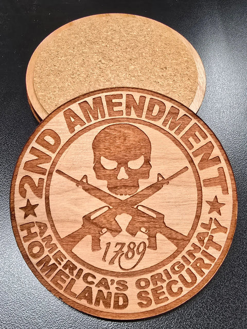 2nd Amendment Hardwood Coaster Set – 3.5 Inch Diameter – Laser Engraved Patriotic Barware | Made in USA American Grains LLC 