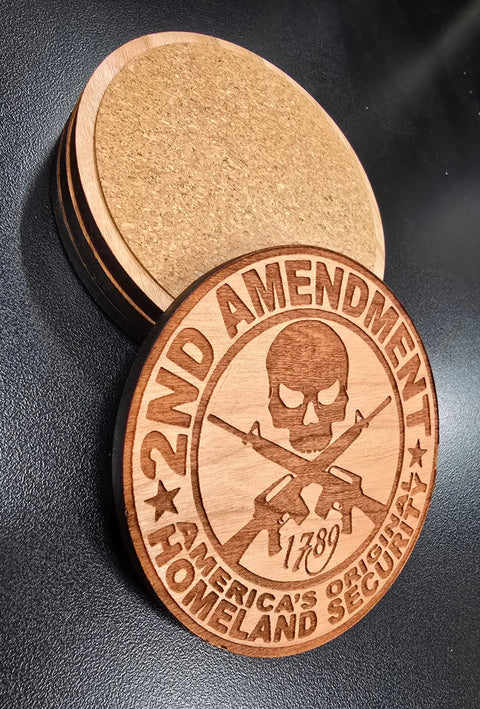 2nd Amendment Hardwood Coaster Set – 3.5 Inch Diameter – Laser Engraved Patriotic Barware | Made in USA American Grains LLC 