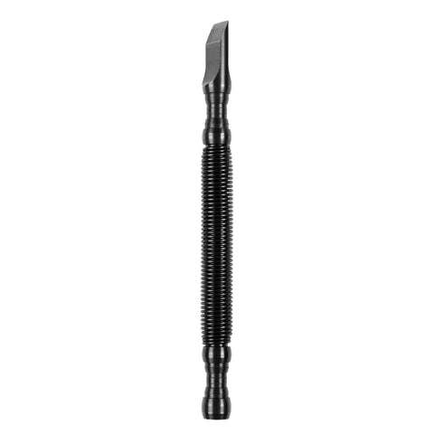 The Hammerless Impact Technology Wood Chisel is a black, metal tool with a ribbed handle for better grip, a flat angled tip, and a polished finish. Made in the USA, it features a sleek, hammerless design for precision work.