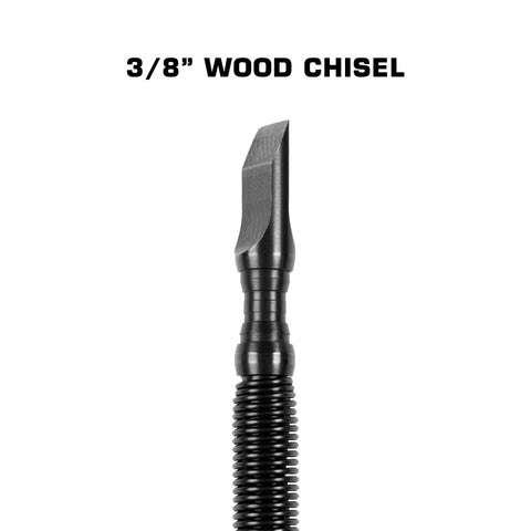A close-up of a Hammerless Impact Technology 3/8-inch Wood Chisel with a textured handle on a white background. Bold black text above says “3/8” WOOD CHISEL.”.