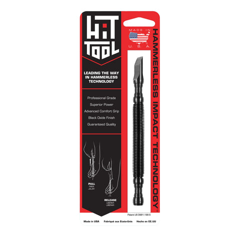 The Hammerless Impact Technology Wood Chisel features a black, textured handle, chisel tip, durable black oxide finish, and comfort grip. This American-made tool delivers power with hammerless impact technology.