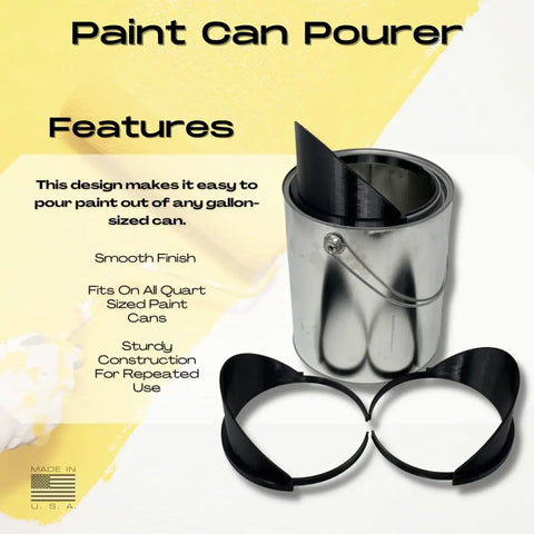 A 3-Pack Quart Paint Pourer by Chatelet Manufacturing is shown on a white and yellow background, each black pourer fitting quart-sized paint cans for no more spills. Features include a smooth finish and sturdy construction.