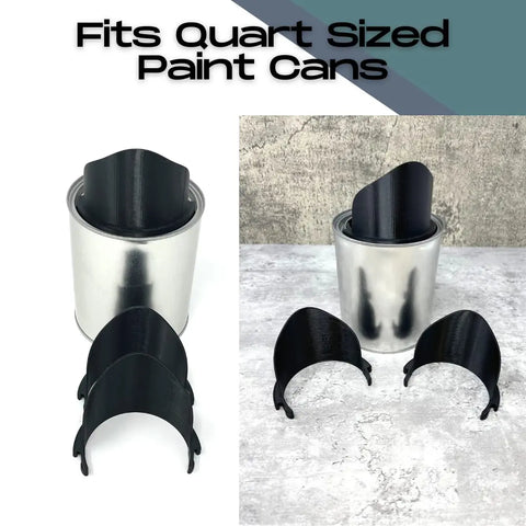 Three black Chatelet Manufacturing paint pourers are shown—one inside a quart-sized can, two on a white surface. Text above reads, 3-Pack Quart Paint Pourer: Fits Quart-Sized Paint Cans—no more spills—Value Pack.