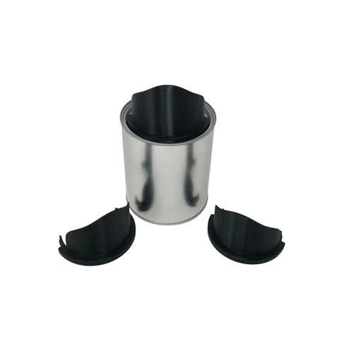 A metal can with its top removed is shown beside two black Chatelet Manufacturing 3-Pack Quart Paint Pourers—spill-proof spouts for quart-sized paint cans. The background is white.