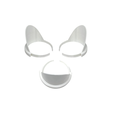 Three white Chatelet Manufacturing pourers for quart-sized cans are arranged on a white background in a triangular pattern—ideal for mess-free pouring. 3 Pack Quart Paint Can Pourer – Fits Quart-Sized Cans.