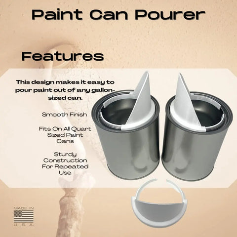 Two white Chatelet Manufacturing Pourers fit quart-sized paint cans. Shown on silver cans, these offer smooth, no-mess pouring and sturdy design. A US flag icon appears in the corner. 3 pack included.