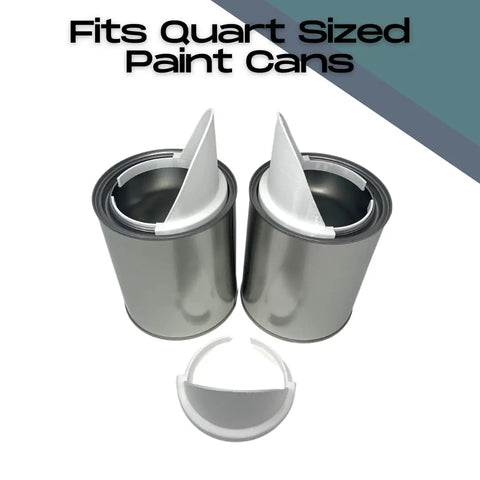 Three white Chatelet Manufacturing Quart Paint Can Pourers are shown—two inserted in cans and one loose—with “Fits Quart-Sized Paint Cans” text above, highlighting the no-mess solution.