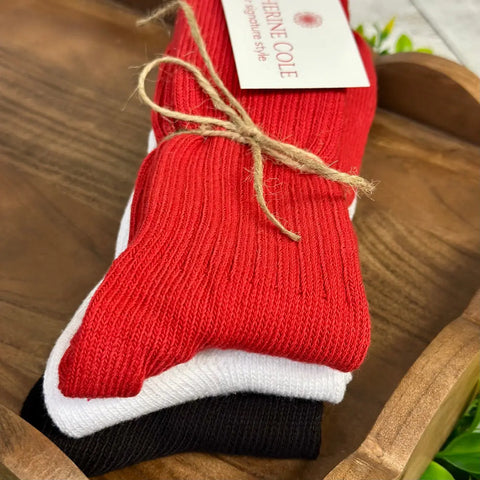3 Pack RETRO Cotton Crew Socks 10-12 - Red, White, Black | Made in USA Catherine Cole Studio  socks