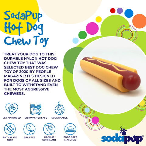 SodaPup Hot Dog Durable Nylon Dog Chew Toy – Power Chewer Safe | Made in USA SodaPup  Nylon Dog Toys
