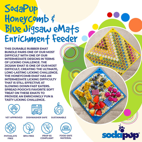 Large Blue Jigsaw And Yellow Honeycomb Dog Lick Mat Bundle – Enrichment Feeder | Made in USA SodaPup  EMAT