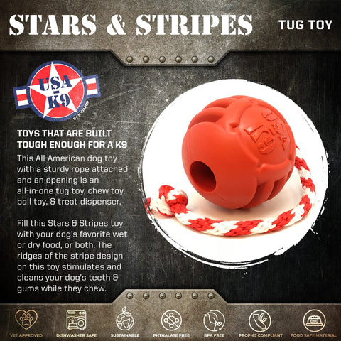 USA-K9 Stars and Stripes Durable Rubber Tug and Chew Dog Toy – Made in USA SodaPup  Rubber Dog Toys