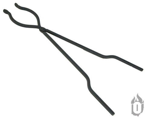Ohio Flame Campfire Tongs (Made in USA) feature curved pincers and long handles, perfect as fire pit or campfire accessories. Made of dark metal and shown on a white background with a small flame logo in the corner.