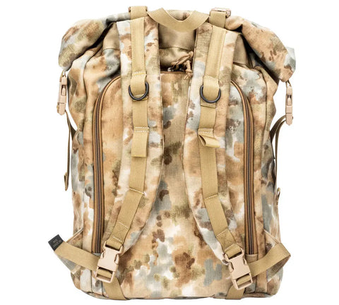 The MIS Roll Up Backpack - Covert Desert is a tan and olive green Cordura nylon 30L bag with padded shoulder straps, multiple adjustment buckles, and two front vertical zip pockets—combining style, utility, and durability for your laptop.