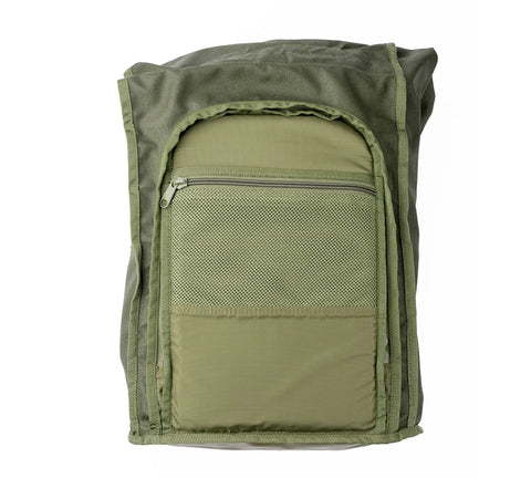 The MIS Roll Up Backpack - Covert Desert, a 30L laptop backpack in green, features upright on a white background with visible zippers on both the main compartment and the front zippered mesh pocket.