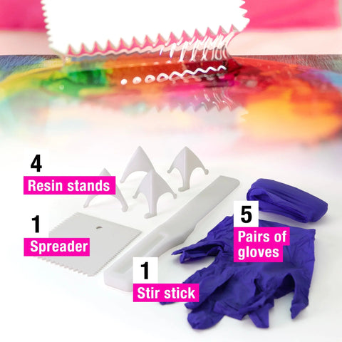The ArtResin 32 Oz Epoxy Resin Starter Pack includes a spreader, stir stick, four resin stands, and five pairs of purple gloves—everything you need for your next resin crafting project.